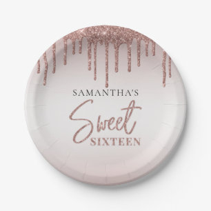 Sweet 16 Rose Gold Glitter Drip Script Birthday Paper Plate