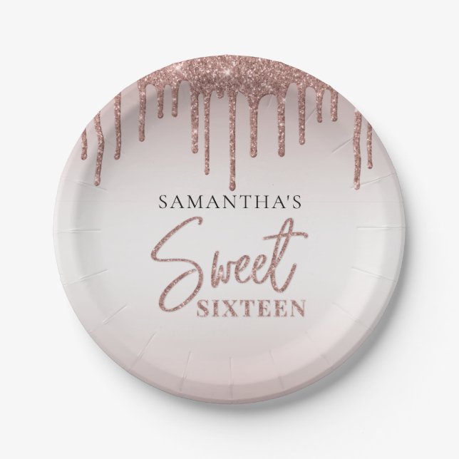 Sweet 16 Rose Gold Glitter Drip Script Birthday Paper Plate (Front)