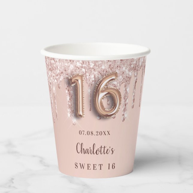 Sweet 16 rose gold glitter drips monogram paper cups (Front)