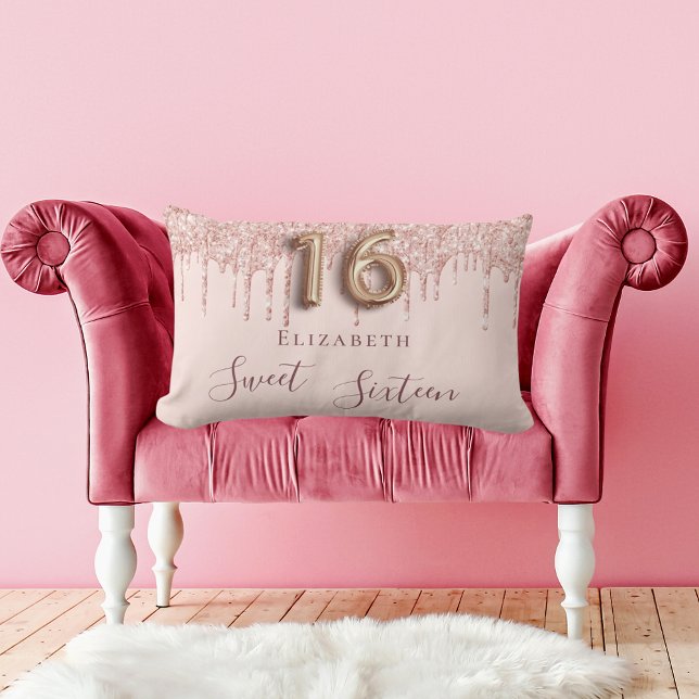 Sweet 16 rose gold glitter drips name lumbar pillow (Creator Uploaded)