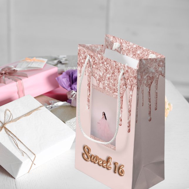Sweet 16 rose gold glitter drips photo small gift bag (Creator Uploaded)