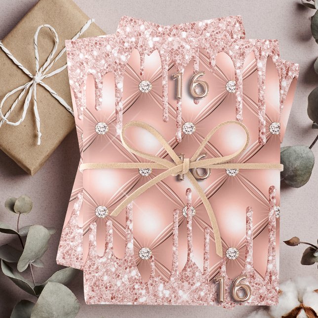 Sweet 16 rose gold glitter drips pink luxury wrapping paper sheet (Creator Uploaded)