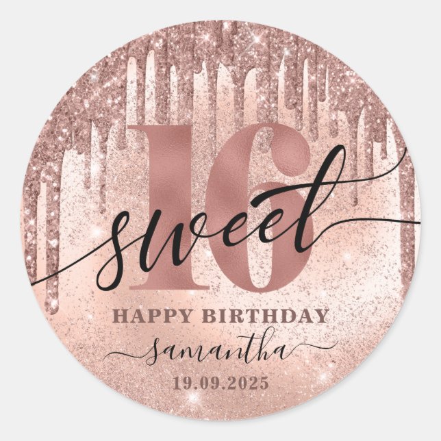 Sweet 16 Rose Gold Glitter & Foil Classic Round Sticker (Front)