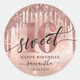Sweet 16 Rose Gold Glitter & Foil Classic Round Sticker