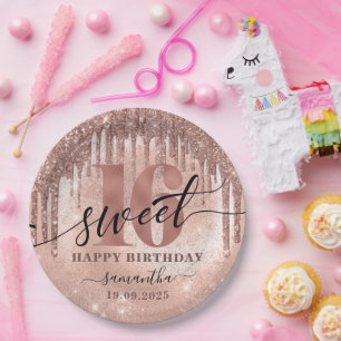 Sweet 16 Rose Gold Glitter & Foil  Paper Plate