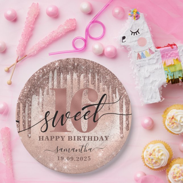 Sweet 16 Rose Gold Glitter & Foil  Paper Plate (Party)