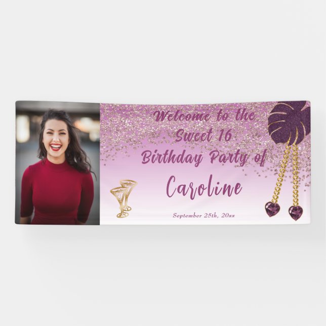 Sweet 16 Rose Gold Glitter, Heart Gems & Photo Banner (Horizontal)
