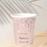 Sweet 16 rose gold glitter name 16th birthday paper cups<br><div class="desc">For a glamourous and girly Sweet 16,  16th birthday party.  A rose gold gradient background. On the front and the back: Personalize and add a name and a date.   Decorated with faux glitter drips,  paint dripping look.</div>