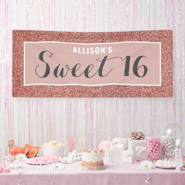 Sweet 16 Rose Gold Glitter Personalized Banner (Party)