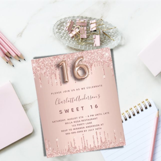 Sweet 16 rose gold glitter pink 16th birthday invitation postcard (Creator Uploaded)