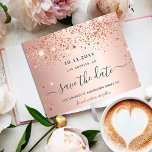 Sweet 16 rose gold glitter save the date<br><div class="desc">A girly and trendy Save the Date card for a Sweet 16, 16th birthday party. A feminine pink, rose gold faux metallic looking background decorated with faux rose gold glitter dust. Personalize and add a date and name/age. Dark rose gold coloured letters. The text: Save the Date is written with...</div>