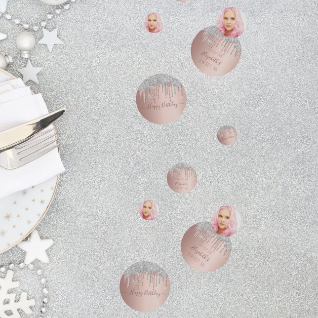 Sweet 16 rose gold glitter silver photo confetti (Creator Uploaded)