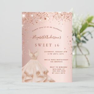 Sweet 16 rose gold glitter sparkle dress invitation