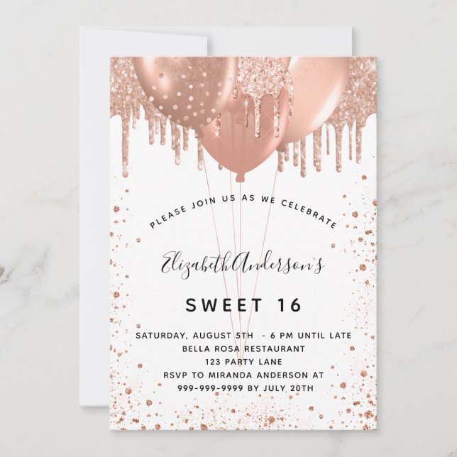 Sweet 16 rose gold glitter white invitation (Front)