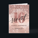 Sweet 16 Rose Gold Happy Birthday Card<br><div class="desc">Modern,  trendy 16th birthday card. Design features typography script ''sweet 16'' ,  rose gold glitter drips,  faux foil and sparkly glitter background,  number 16 in trendy rose gold lettering and name.</div>