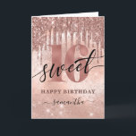 Sweet 16 Rose Gold Happy Birthday Card<br><div class="desc">Modern,  trendy 16th birthday card. Design features typography script ''sweet 16'' ,  rose gold glitter drips,  faux foil and sparkly glitter background,  number 16 in trendy rose gold lettering and name.</div>