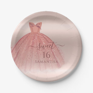 Sweet 16 Rose Gold Modern Script Glam Birthday Paper Plate