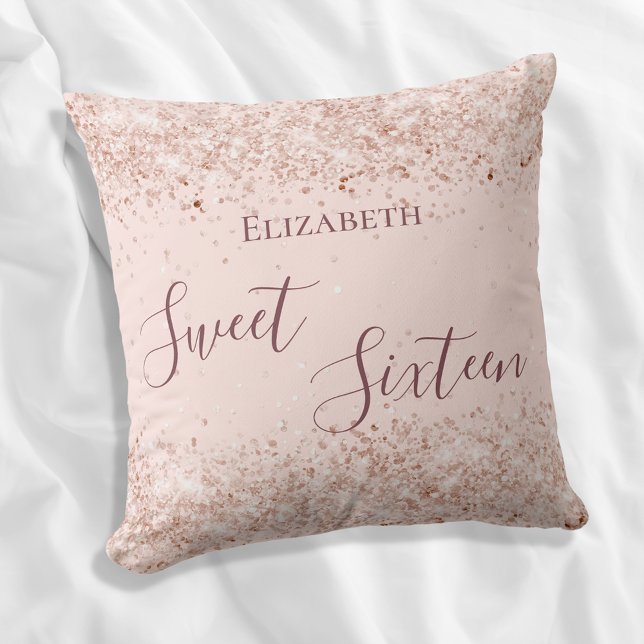 Sweet 16 rose gold name script confetti throw pillow (Creator Uploaded)