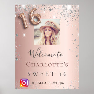 Sweet 16 rose gold photo silver glitter Instagram Poster