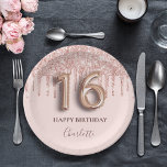 Sweet 16 rose gold pink drips paper plate<br><div class="desc">Elegant, classic, glamourous and girly for a Sweet 16, 16th birthday party. Blush pink background. Decorated with rose gold drips, paint dripping look. Personalize and add a name. With the text: Happy Birthday. The name is written with a modern dark rose coloured hand lettered style script. Number 16 is written...</div>