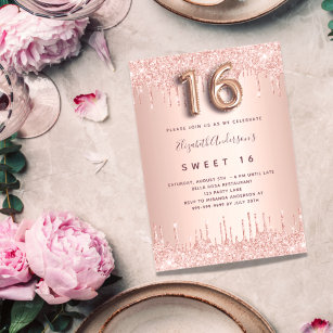 Sweet 16 rose gold pink glitter 16th birthday invitation