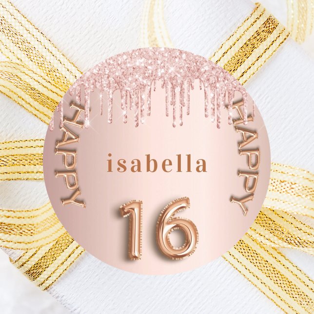 Sweet 16 rose gold pink glitter drips classic round sticker (Creator Uploaded)