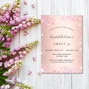 Sweet 16 rose gold pink glitter glamourous invitation