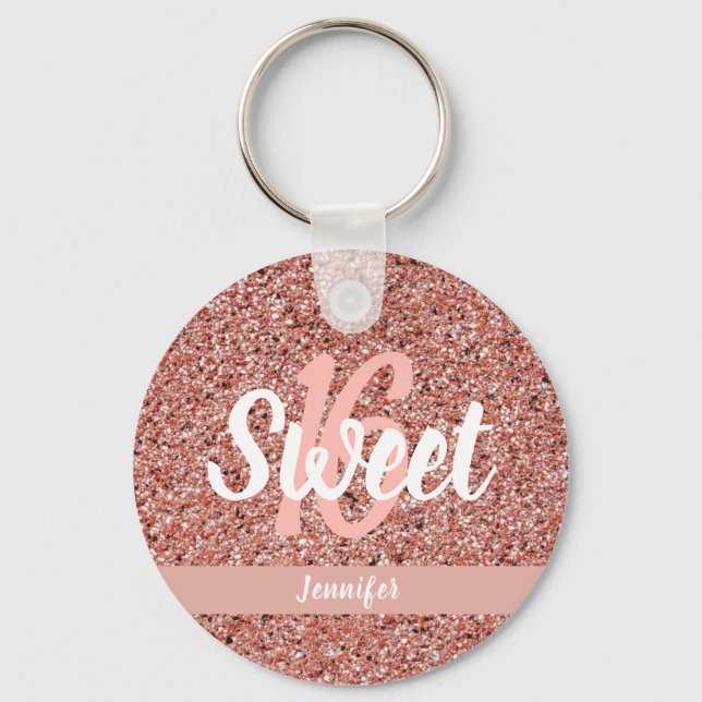 Sweet 16 Rose Gold Pink Glitter Name Party Favour Keychain (Front)