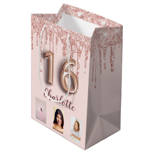 Sweet 16  rose gold pink glitter photo monogram medium gift bag (Back Angled)