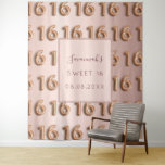 Sweet 16 rose gold pink monogram 16th birthday tapestry<br><div class="desc">A tapestry for a girly and glamourous Sweet 16, 16th birthday. A rose gold gradient background, and number 16 as a pattern written with a balloon style fon. Personalize and add her name and a date. The name is written with a modern hand lettered style script. Can be used as...</div>