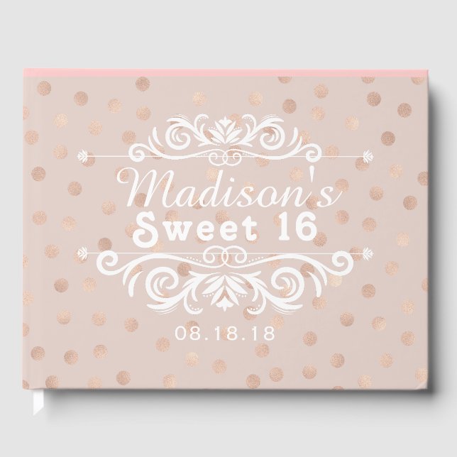 Sweet 16 Rose Gold Polka Dots Custom Guest Book (Front)