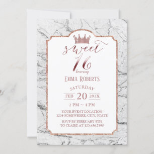 Sweet 16 Rose Gold Princess Crown White Marble Invitation