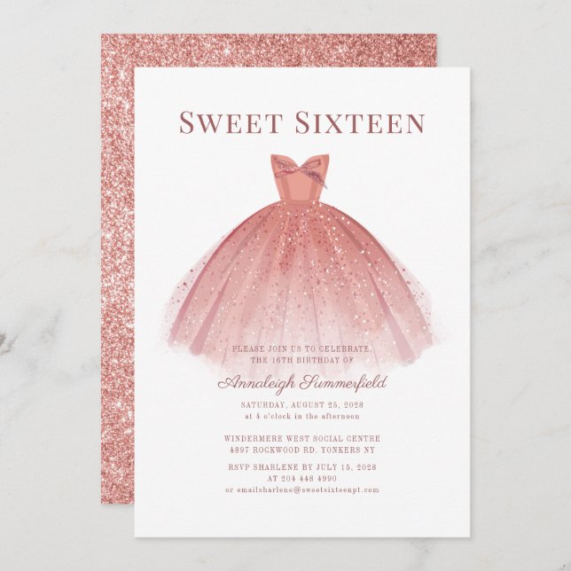 Sweet 16 Rose Gold Script Modern Invitation (Front/Back)