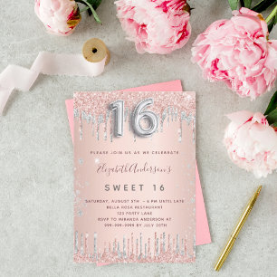 Sweet 16 rose gold silver birthday invitation