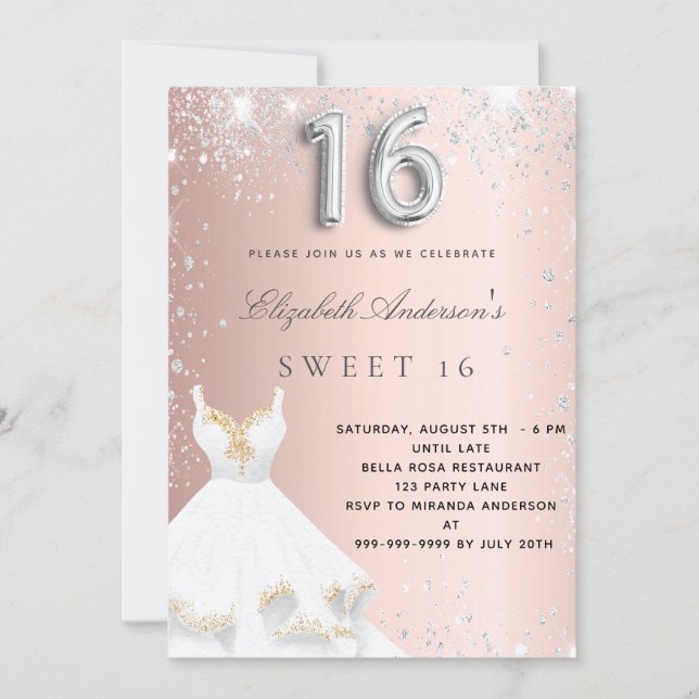 Sweet 16 rose gold silver dress glitter blush invitation (Front)