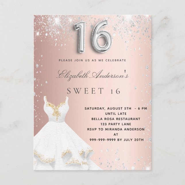 Sweet 16 rose gold silver dress glitter blush invitation postcard (Front)