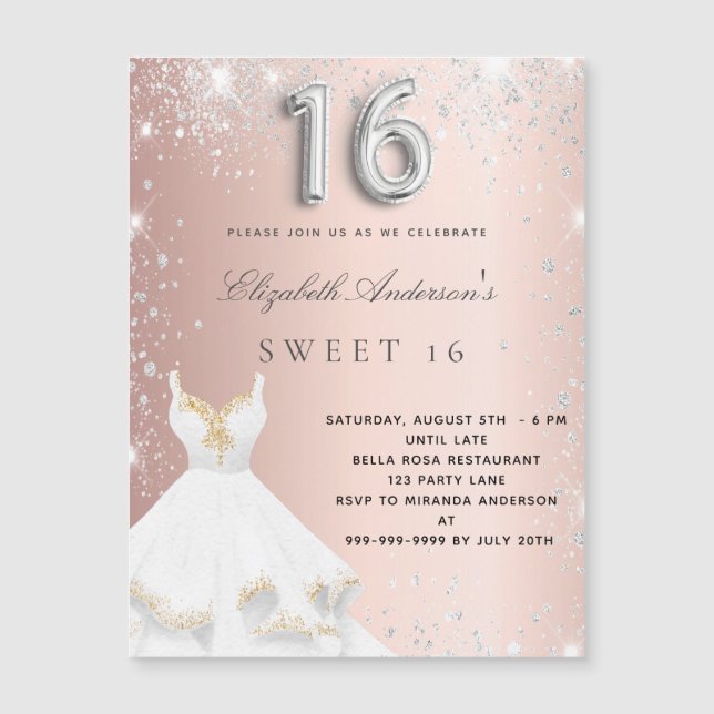 Sweet 16 rose gold silver dress magnet invitation (Front)