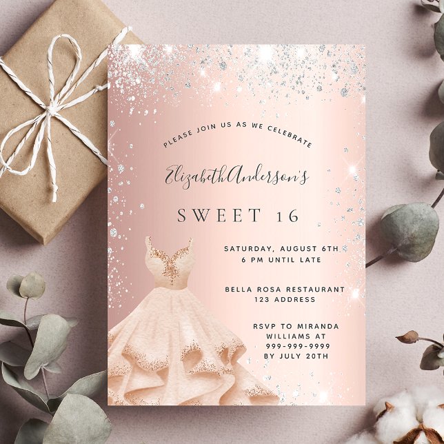Sweet 16 rose gold silver glitter dust dress invitation (Creator Uploaded)