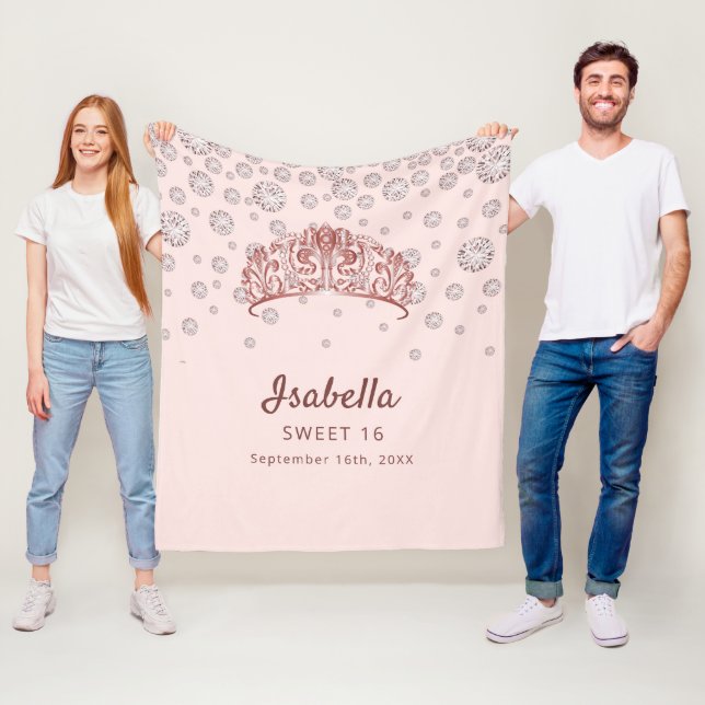 Sweet 16 rose gold tiara crown pink monogram fleece blanket (In Situ)