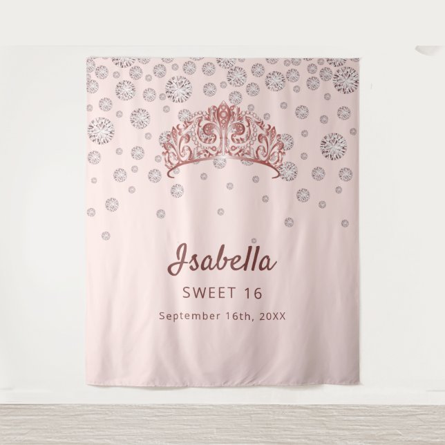 Sweet 16 rose gold tiara crown pink monogram tapestry (Front)
