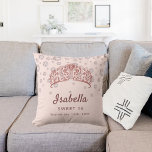 Sweet 16 rose gold tiara crown pink monogram throw pillow<br><div class="desc">A pillow for a girly room for a Sweet 16,  16th birthday.  Rose gold,  pink background decorated with faux diamonds and a rose gold coloured tiara,  crown. Personalize and add a name and text,  date. The name is written in dark rose gold  with a modern hand lettered style script.</div>
