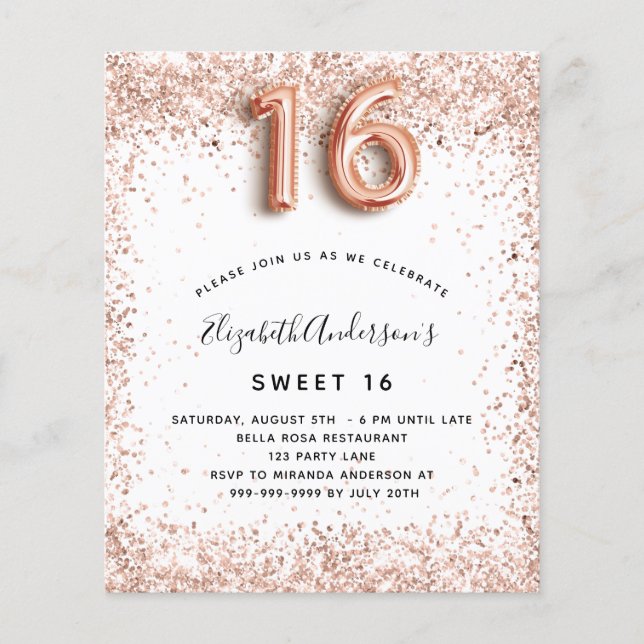Sweet 16 rose gold white budget invitation flyer (Front)