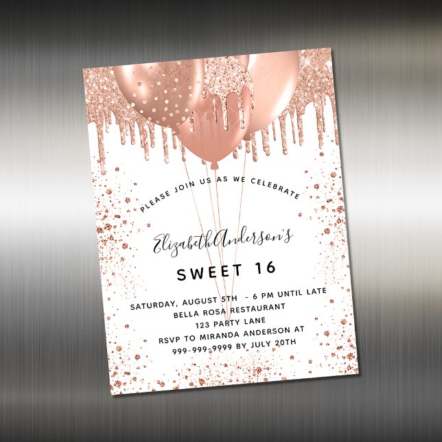 Sweet 16 rose gold white glitter invitation magnet (Creator Uploaded)