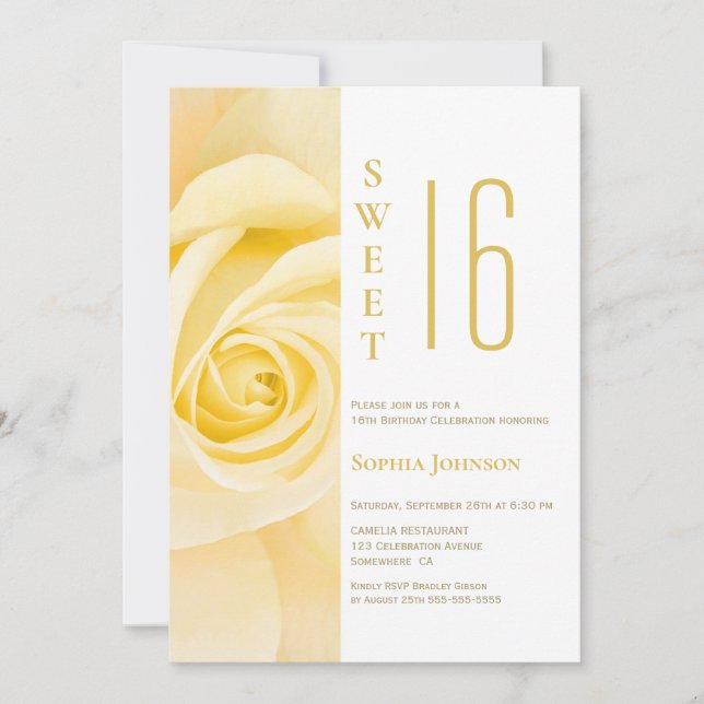 Sweet 16 Rose Jaune Invitation fête d'anniversaire (Devant)