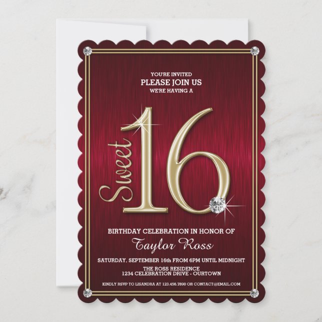 Sweet 16 Rouge/Or Metallic Look Party Invitations (Devant)