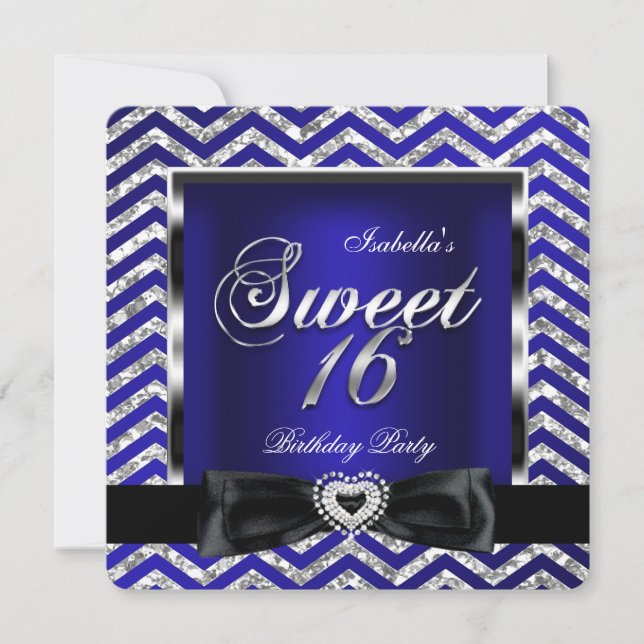 Sweet 16 Royal Blue Chevron Stripe Silver Black Invitation (Front)