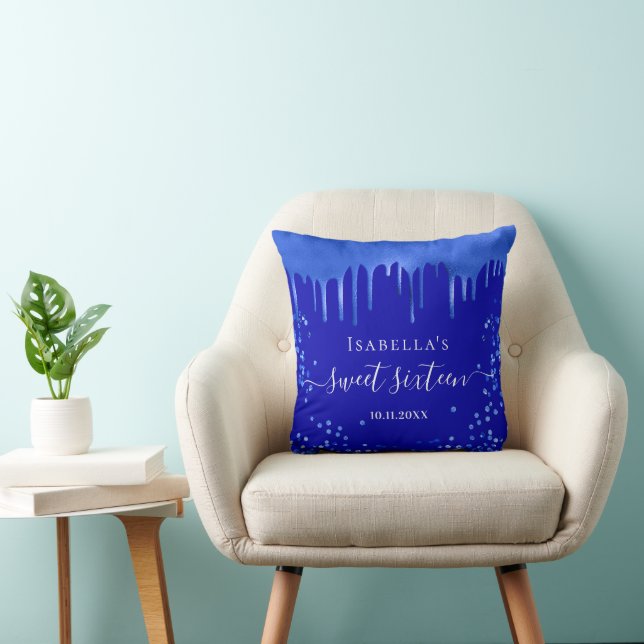 Sweet 16 royal blue drips name script throw pillow (Chair)