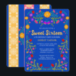Sweet 16 Royal Blue Fiesta Flowers 16th Birthday Invitation<br><div class="desc">Royal Blue Sweet 16 Invitation for your daughter's 16th Birthday celebration. This floral theme features bright and colourful Mexican folk art flowers in red, pink, purple and yellow on a royal blue background. The back of the card has floral papel picado and more flowers. The template is set up ready...</div>