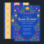 Sweet 16 Royal Blue Fiesta Flowers 16th Birthday Invitation<br><div class="desc">Royal Blue Sweet 16 Invitation for your daughter's 16th Birthday celebration. This floral theme features bright and colourful Mexican folk art flowers in red, pink, purple and yellow on a royal blue background. The back of the card has floral papel picado and more flowers. The template is set up ready...</div>