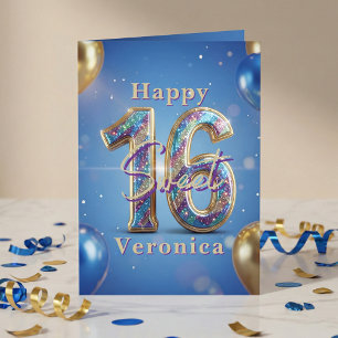 Sweet 16 Royal Blue Gold Glitter Balloon Birthday Card